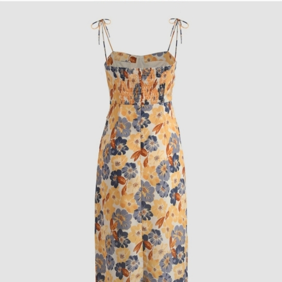 Floral Tie-Sholuder Slit Midi Dress - Picture 2 of 6